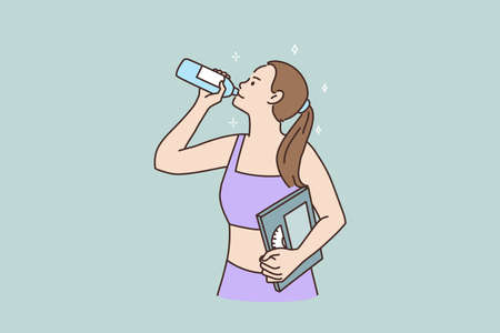 Toned sporty woman with weight scales drink waterのイラスト素材