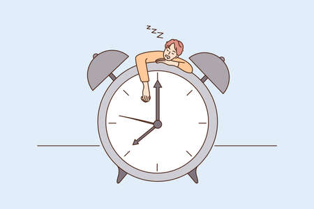 Tired man fall asleep on huge clockのイラスト素材