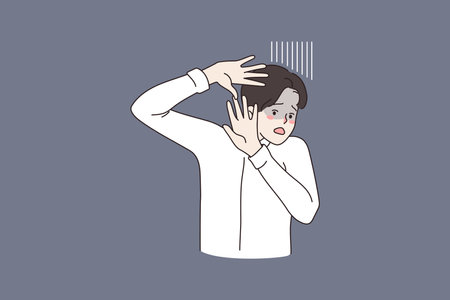 Anxious man fee frightened make stop hand gestureのイラスト素材