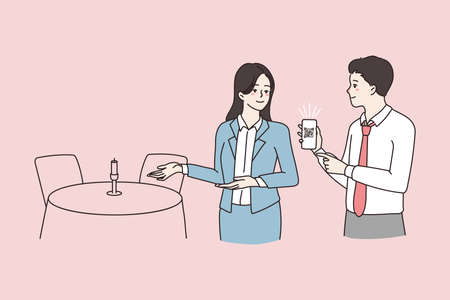 Waitress look at restaurant client QR vaccination codeのイラスト素材