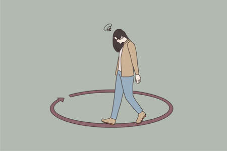 Unhappy woman walking in circle thinking of problemsのイラスト素材
