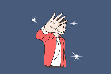 Unhappy man celebrity annoyed by photographer camera flashesのイラスト素材