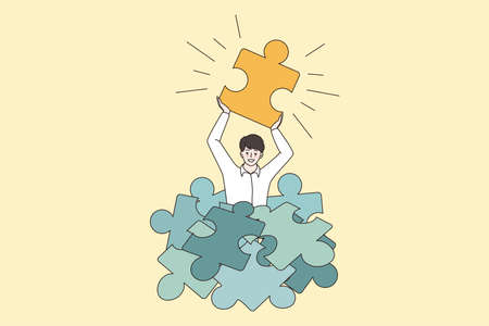Happy man hold jigsaw puzzle find business solutionのイラスト素材
