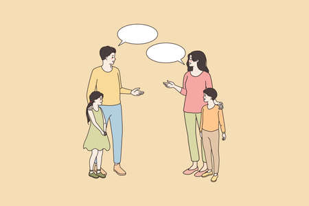 Smiling parents of teen children talk outsideのイラスト素材