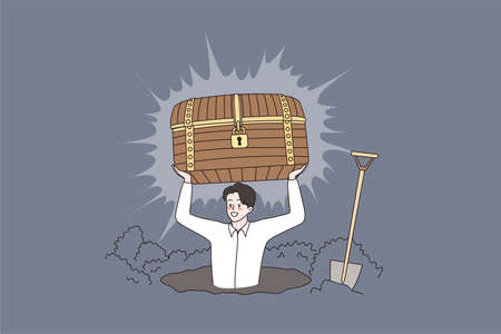 Smiling man hunter find treasure in chestのイラスト素材