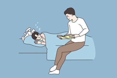 Loving father read book for small son in bedのイラスト素材
