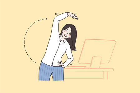 Businesswoman do gymnastics from sedentary life at workplaceのイラスト素材