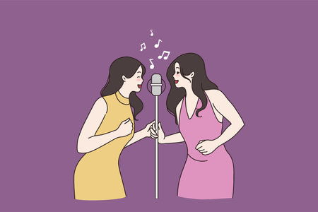 Smiling women sing in microphone in karaoke barのイラスト素材