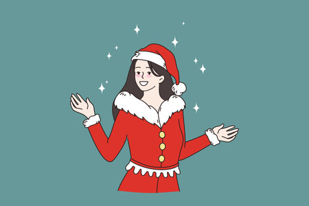 Smiling Santa woman greeting people with new year holidayのイラスト素材