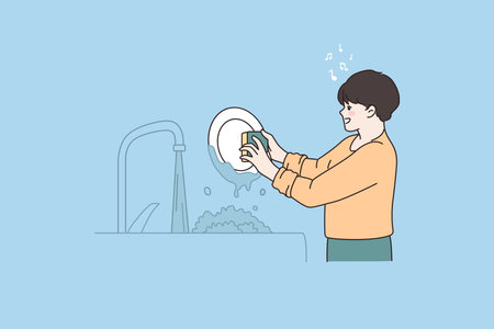 Little boy helper do dishes at homeのイラスト素材