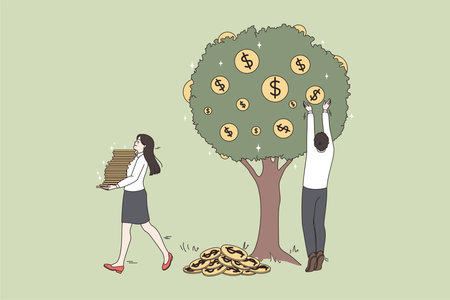Businesspeople collect money coins from tree get dividendのイラスト素材