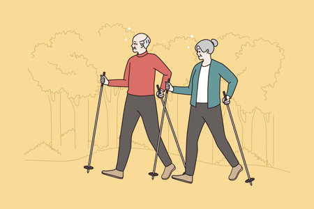Happy older people do Nordic walking in forestのイラスト素材