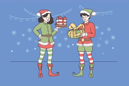 Smiling elves with presents greeting with Christmasのイラスト素材
