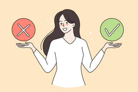 Smiling woman hold yes and no checkmarksのイラスト素材