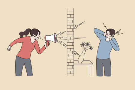 Woman neighbor shout in loudspeaker annoying flat mateのイラスト素材
