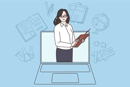 Smiling teacher have online lessons with students on computerのイラスト素材