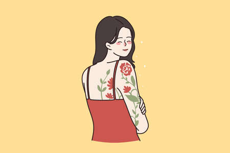 Smiling girl with flower tattoo on shoulderのイラスト素材