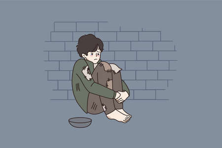 Poor homeless boy beg for help on streetのイラスト素材