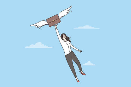 Excited businesswoman fly on wings of business successのイラスト素材