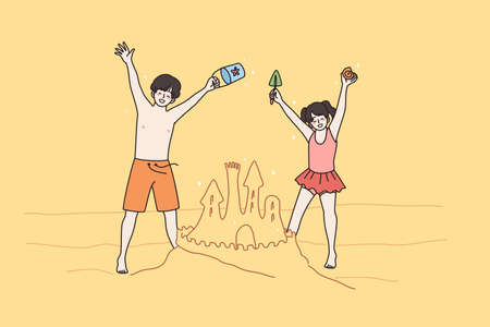 Happy children have fun play with sand on beachのイラスト素材