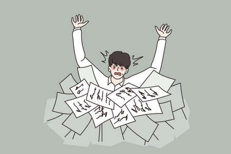 Anxious man drowning in paperwork documents and billsのイラスト素材