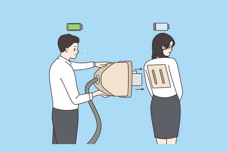 Energetic man recharge exhausted female colleague with huge plugのイラスト素材