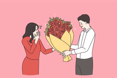 Man congratulate give flowers to woman loverのイラスト素材
