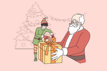 Small elf help Santa Claus packing Christmas presentsのイラスト素材