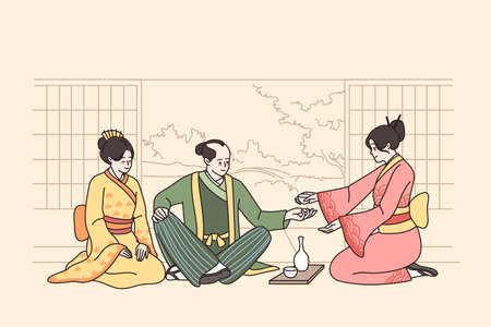 People in Japanese costumes have tea ceremonyのイラスト素材