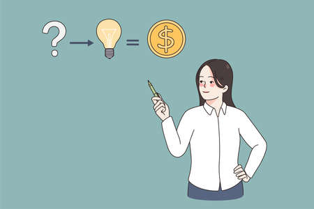From question to making money concept. Young woman worker standing pointing at direction from question to great idea to making income profit vector illustrationのイラスト素材