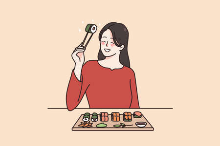 Smiling woman eating sushi in Japanese restaurantのイラスト素材