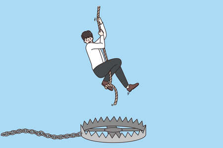 Scared man on rope afraid fall into trapのイラスト素材
