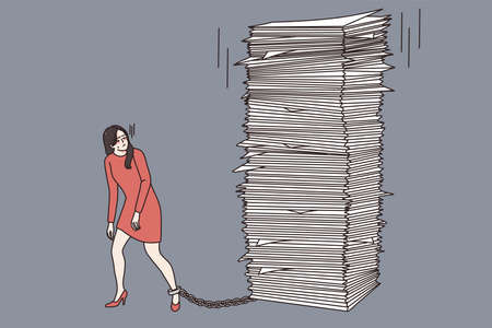 Stressed businesswoman tied by workload in office