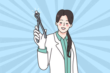 Smiling woman dentist pull out toothのイラスト素材