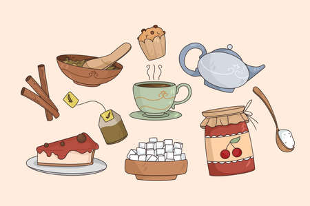 Set of tea and dessert itemsのイラスト素材