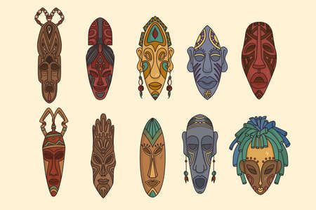 Set of colorful tribal African people masksのイラスト素材