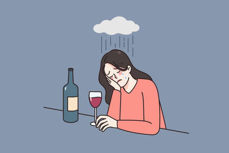 Stressed woman with alcohol addiction feel depressedのイラスト素材