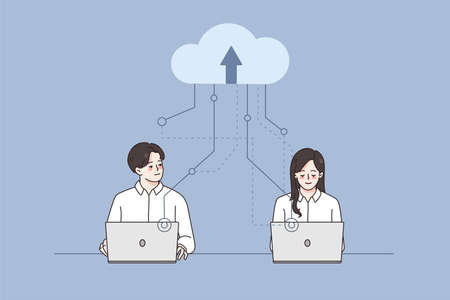 Businesspeople work on computers using cloud service