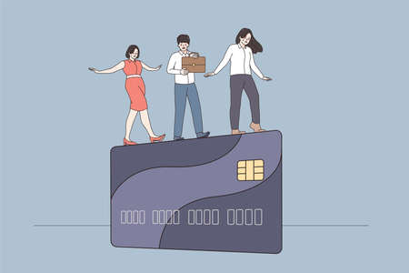 Businesspeople walk on edge of credit cardのイラスト素材