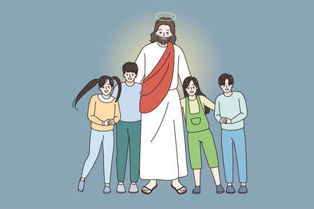 Happy Jesus hug embrace small smiling children