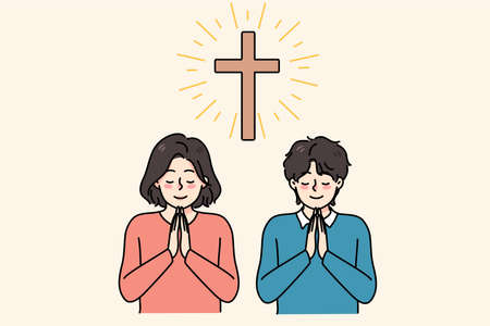 Small religious kids pray to God in churchのイラスト素材