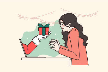 Happy woman get present online on Christmas saleのイラスト素材