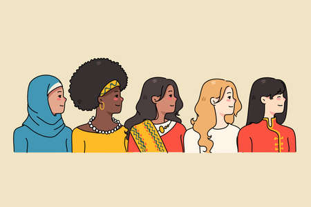 Diverse women of different nationalities in traditional clothesのイラスト素材