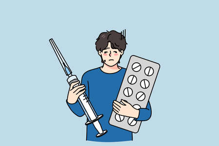 Unhealthy man with pills and syringe get treatmentのイラスト素材