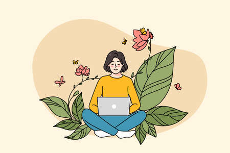 Smiling girl work on computer on flowery backgroundのイラスト素材