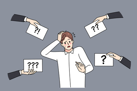 Confused man feel frustrated with question marks aroundのイラスト素材