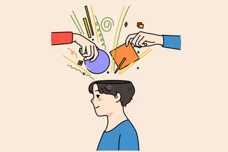 People hands put objects in man head