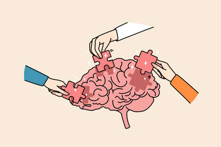 People hands put jigsaw puzzles into brainのイラスト素材
