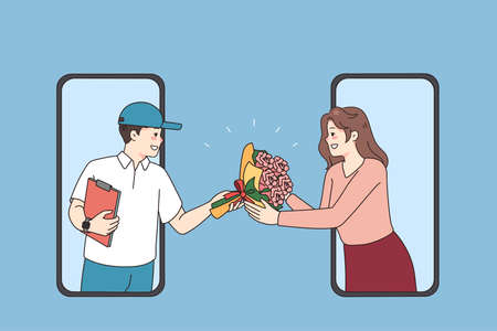Deliveryman give flowers to woman through cell screenのイラスト素材