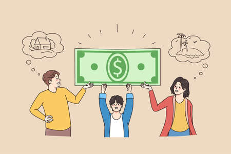 Happy family with kids holding dollar banknoteのイラスト素材